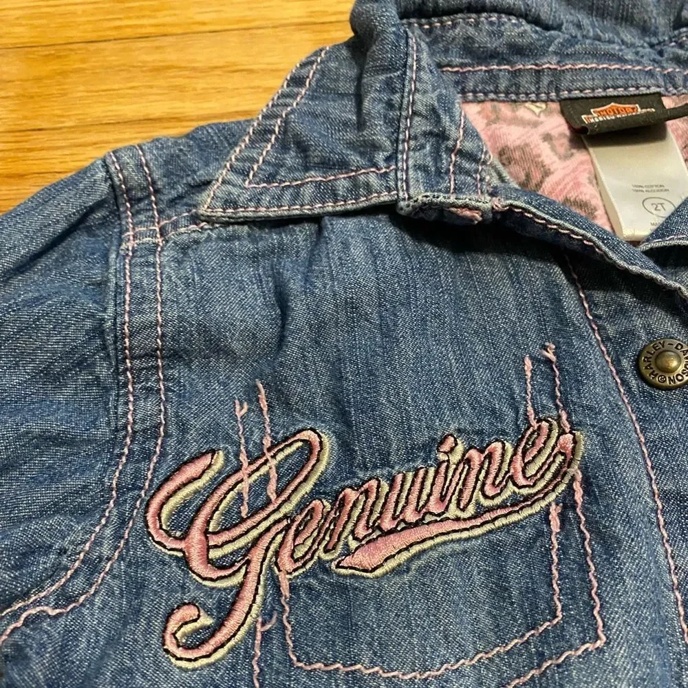 Harley Davidson Girls' Toddler 2T Denim Jacket with Pink Accents Button Down